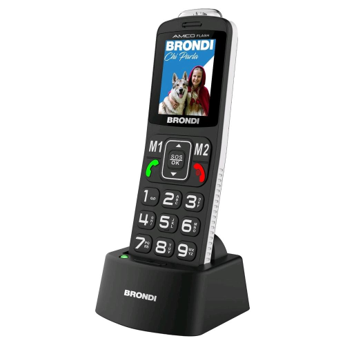 BRONDI AMICO FLASH DUAL SIM 2" EASY PHONE AMIO DISPLAY TASTO SOS TASTI GRANDI RETROILLUMINATI ANNUNCIO DEL NUMERO DIGITATO GESTIONE A DISTANZA PER LE FAMIGLIE NERO